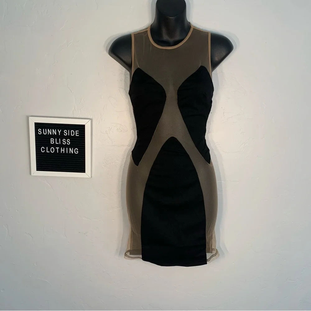 Fashion Nova Black Mesh Bodycon Mini Dress Sheer Panel Stretch Size Small - Picture 1 of 10